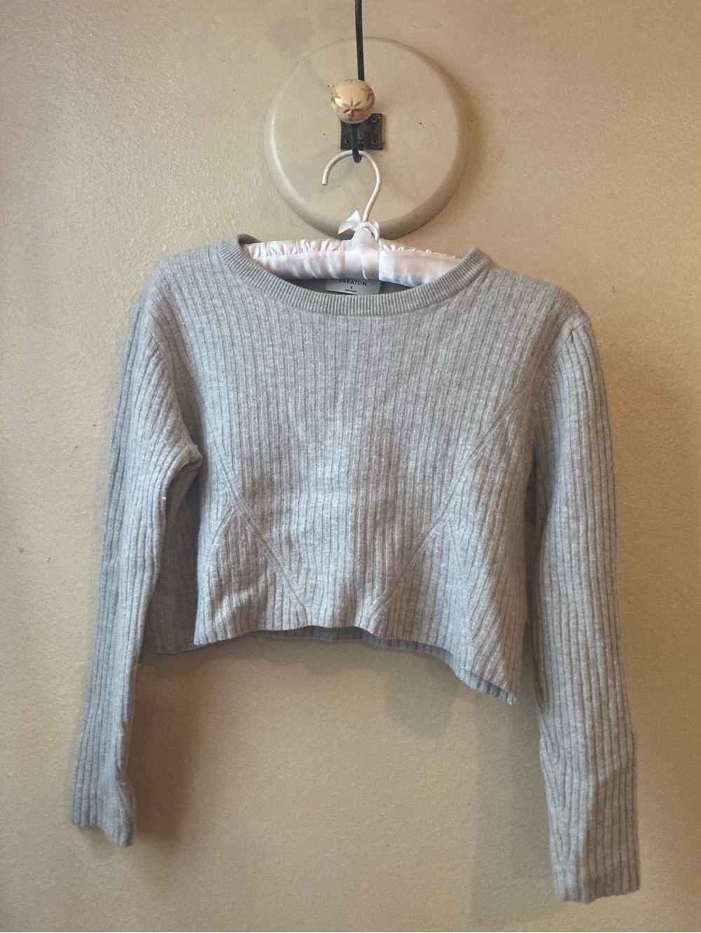 Babaton Aritzia Cropped Knit Ribbed Pullover Sweater Wool/Linen Heather Gray